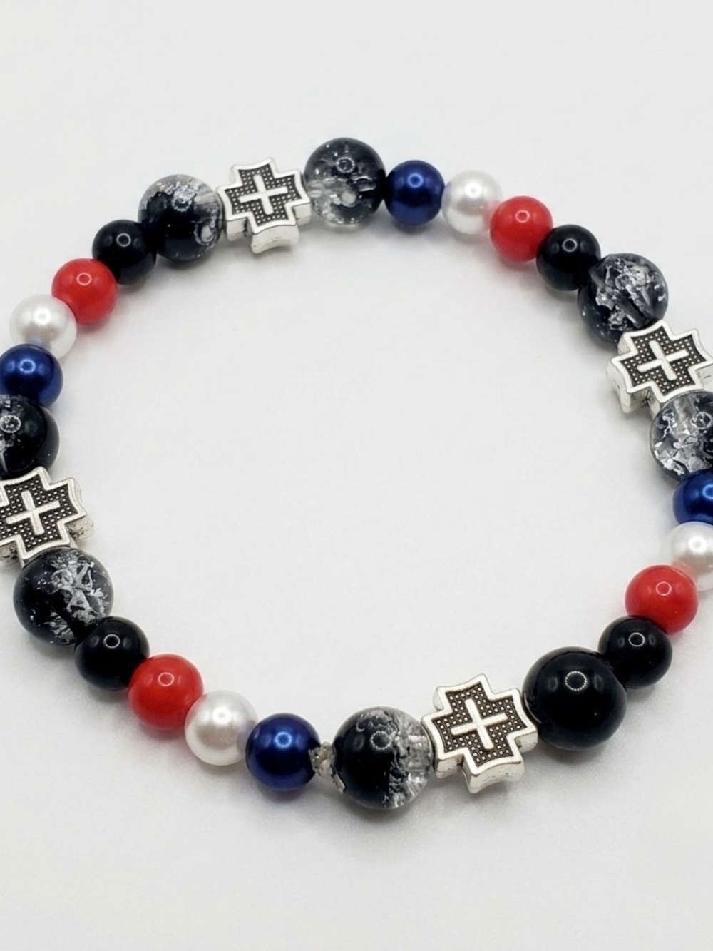 Sterling Cross Accent Beaded Stretch Bracelet - Red, Blue, Black, White